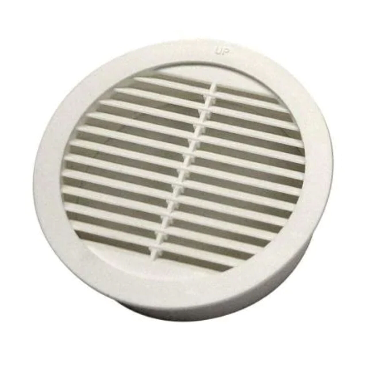 The Go Build 3 in. Resin Circular Mini Wall Louver Soffit Vent in white features horizontal slats and an easy-install lip, fitting standard 3-inch openings for wall or ceiling use.